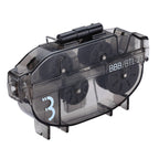 btl-21 bright and fresh chain cleaner clips around the chain, features several brushes and degreaser reservoir