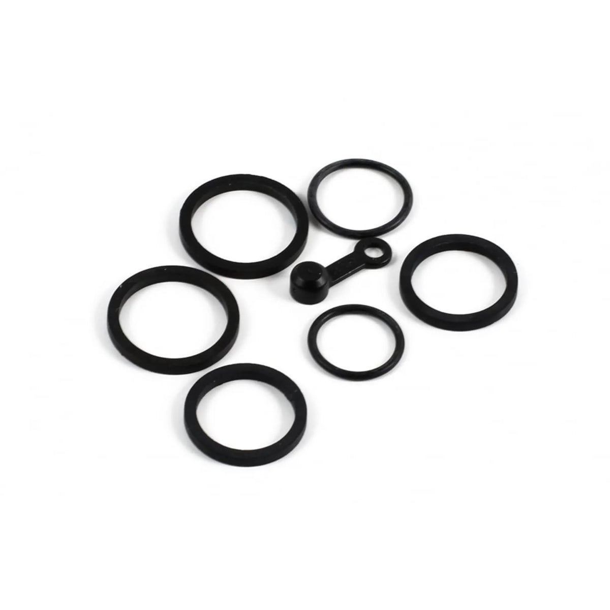 Hope V4 caliper seal kit, including piston seals, bore cap o-rings and bleed nipple cap.