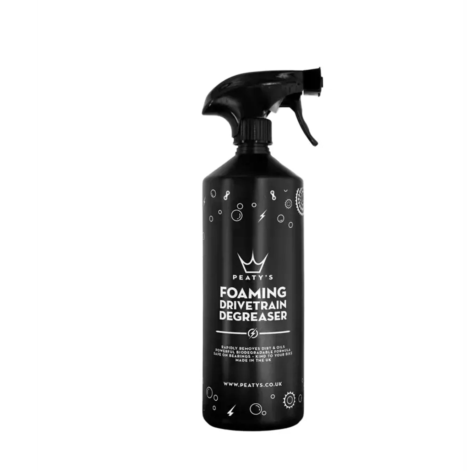 peatys foaming drive train degreaser in a black 1 litre spray bottle. Perfect for degreasing chains, chainsets, chainrings, deraillers and cassettes.