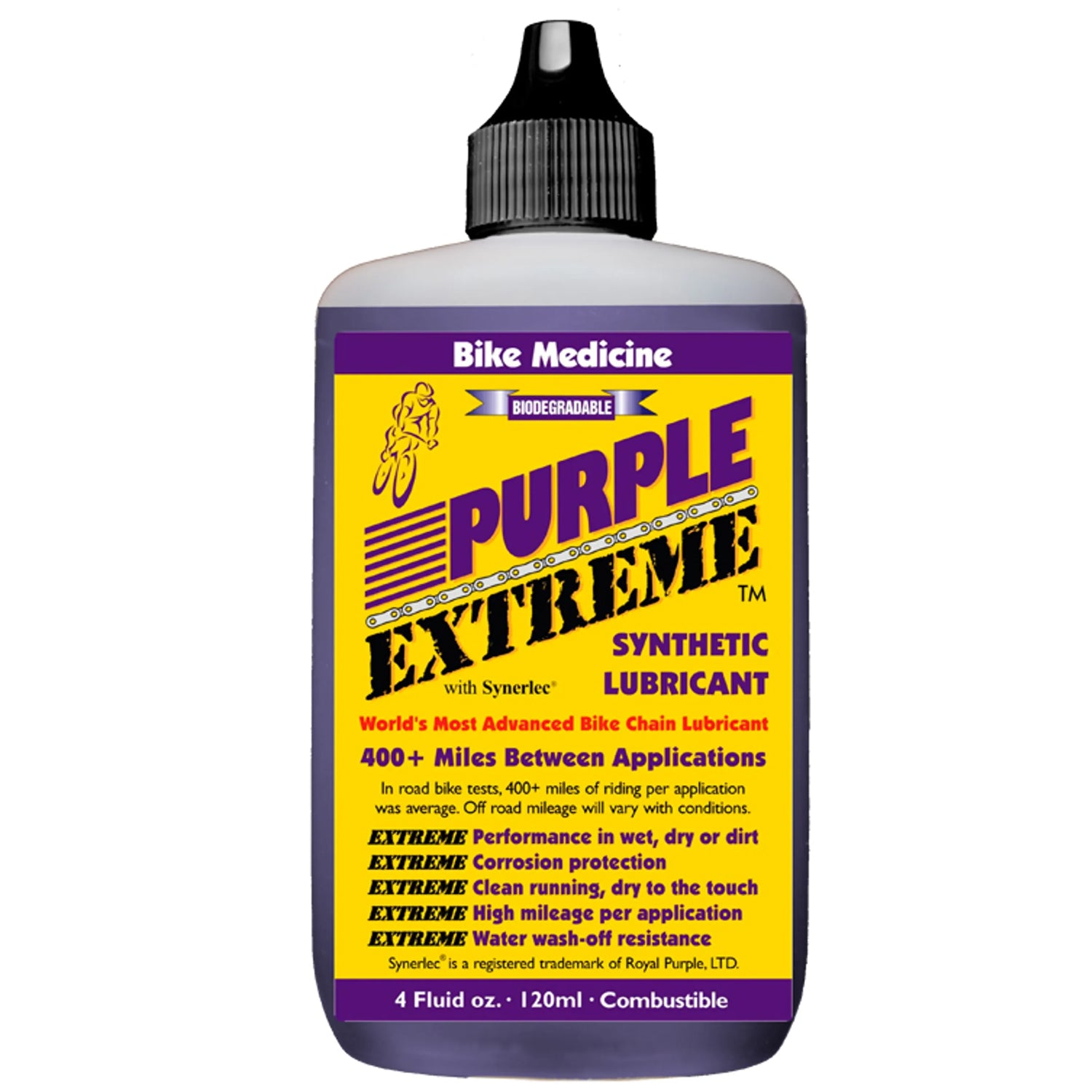 A 120ml bottle of bike medicine purple extreme chain lube synthetic bicycle chain lubricant for use in wet or dry or dirt (all conditions) on road or mountain or e-bikes. 