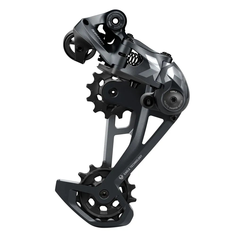 Lunar grey SRAM X01 12 speed rear derailleur compatible with 10-52t cassettes with a new cage design.